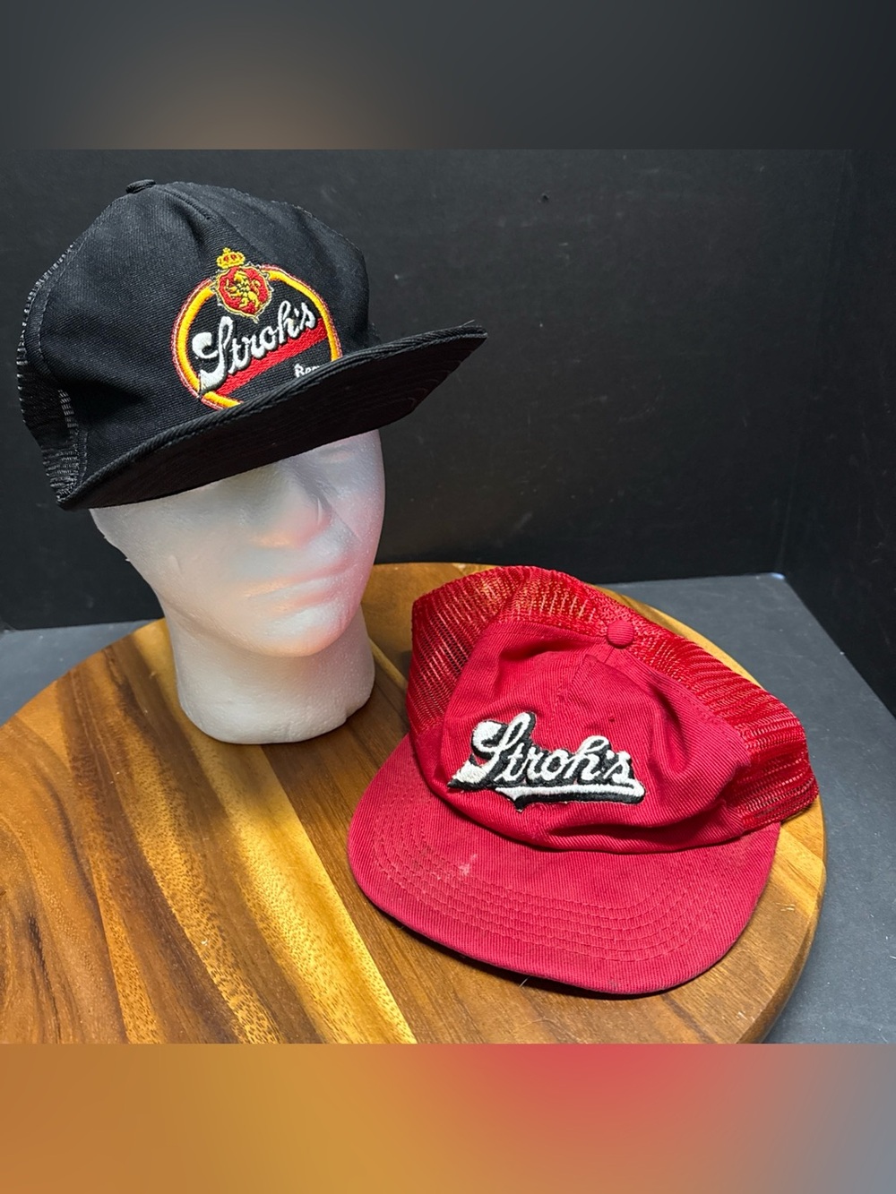 Vintage 1980s Lot 2 Strohs Hat Cap Snap Back Logo Beer Brewing Dad Detroit